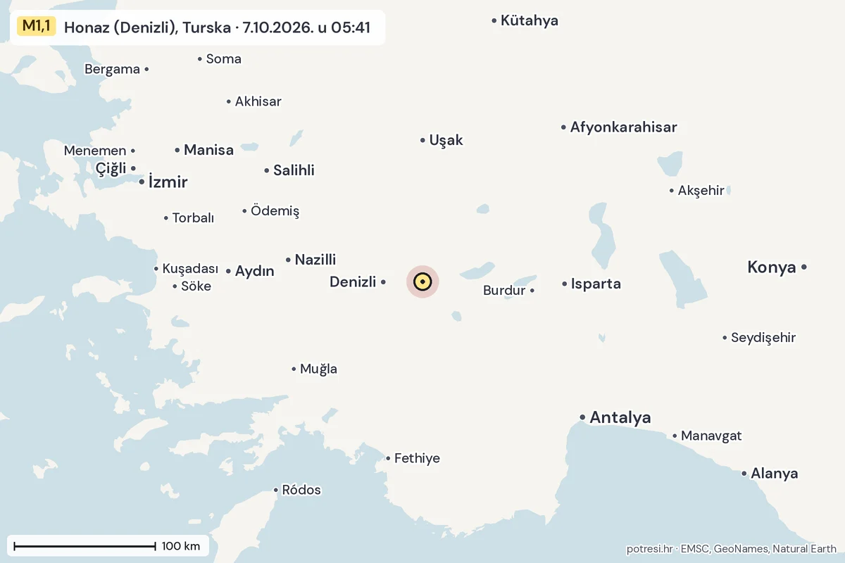 Karta: šire područje, 600 km, potres M1,1, Honaz (Denizli), Turska, 7.10.2026.