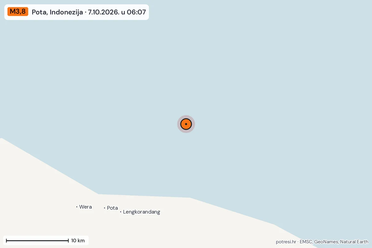 Karta: okolica epicentra, 60 km, potres M3,8, Pota, Indonezija, 7.10.2026.