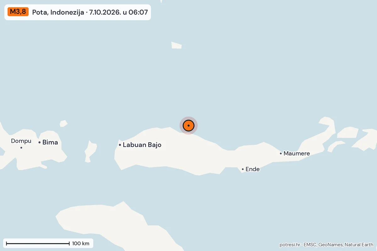 Karta: šire područje, 600 km, potres M3,8, Pota, Indonezija, 7.10.2026.