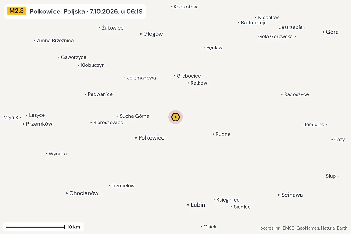Karta: okolica epicentra, 60 km, potres M2,3, Polkowice, Poljska, 7.10.2026.