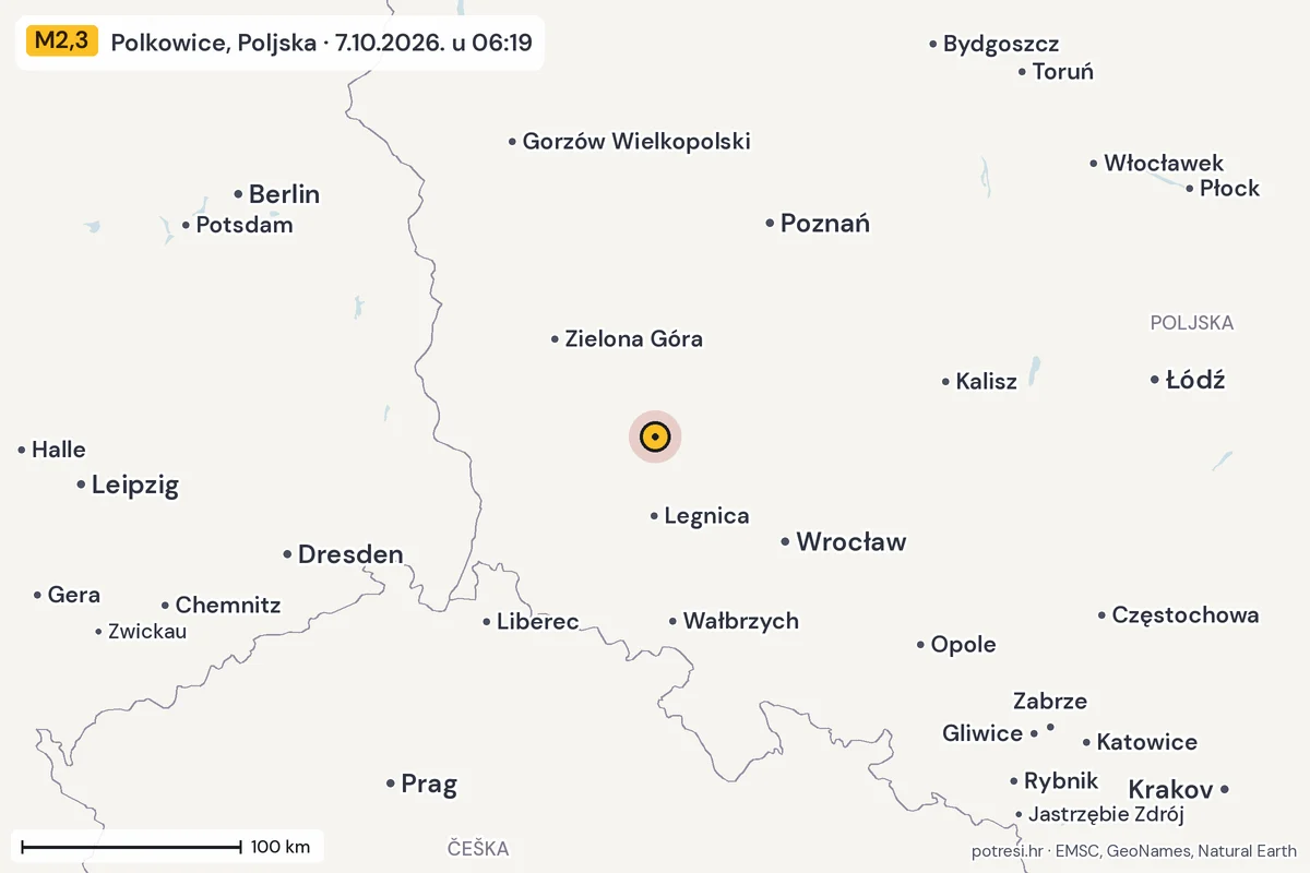 Karta: šire područje, 600 km, potres M2,3, Polkowice, Poljska, 7.10.2026.