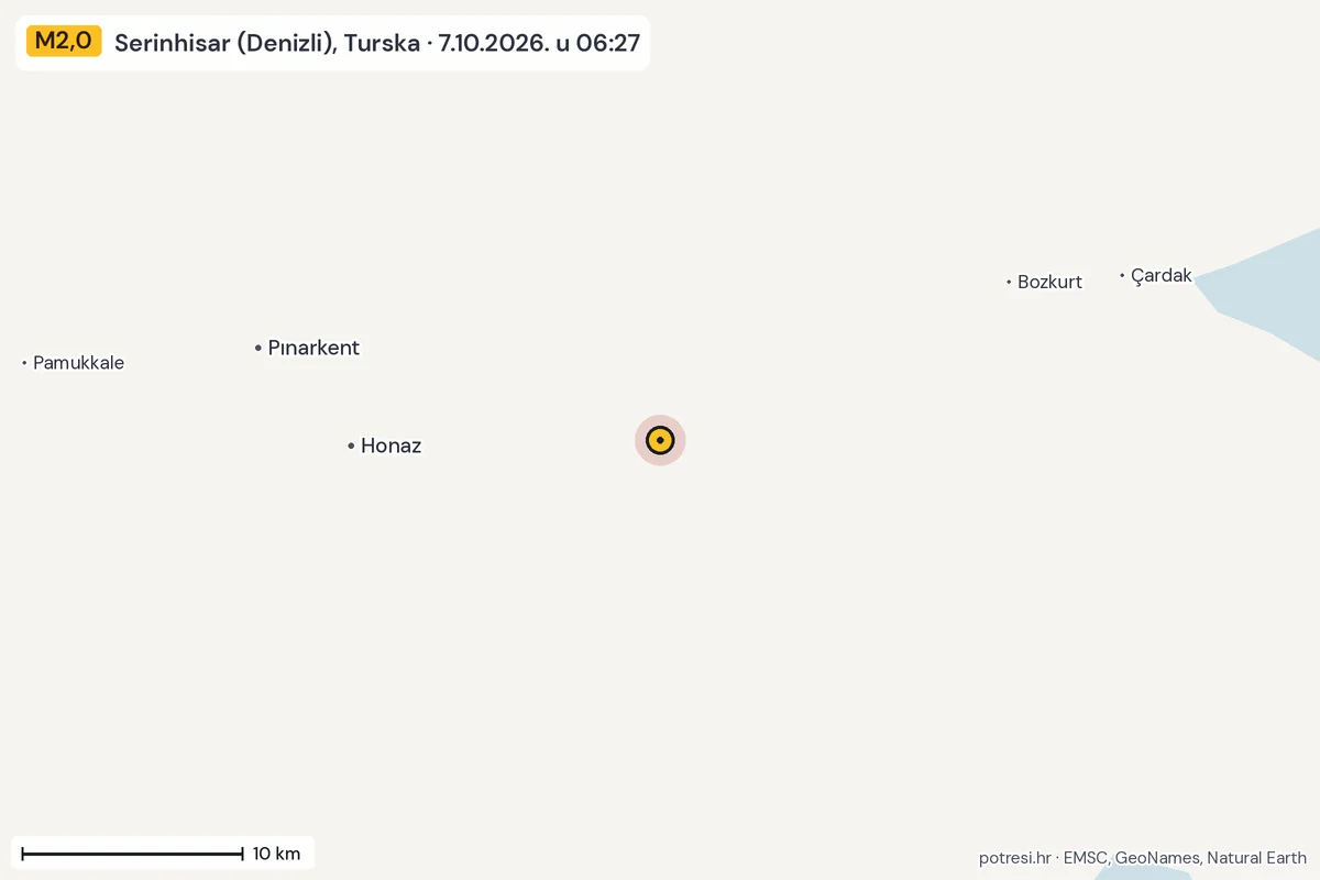 Karta: okolica epicentra, 60 km, potres M2,0, Serinhisar (Denizli), Turska, 7.10.2026.