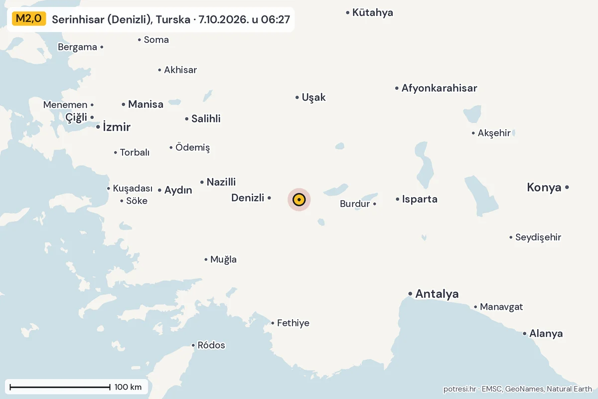 Karta: šire područje, 600 km, potres M2,0, Serinhisar (Denizli), Turska, 7.10.2026.