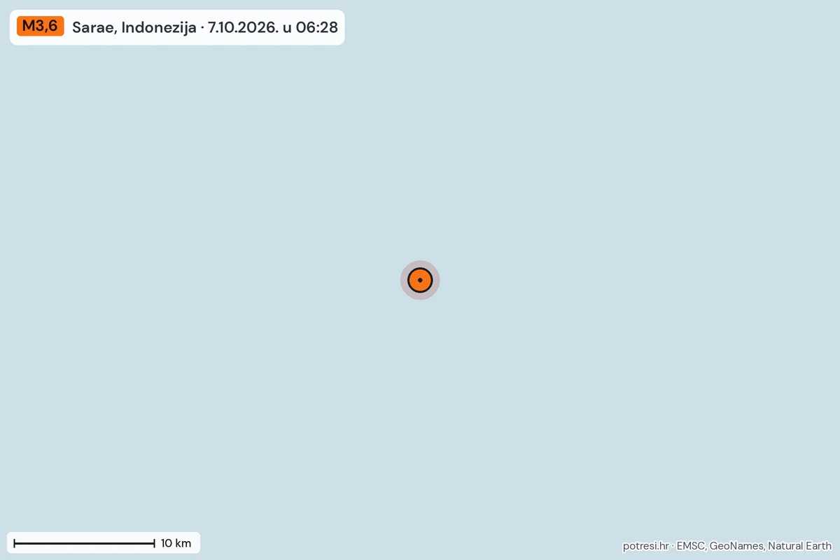 Karta: okolica epicentra, 60 km, potres M3,6, Sarae, Indonezija, 7.10.2026.