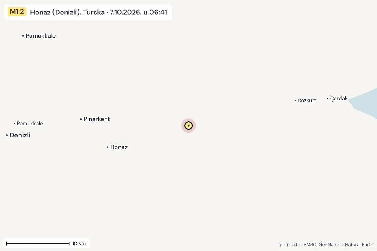 Karta: okolica epicentra, 60 km, potres M1,2, Honaz (Denizli), Turska, 7.10.2026.