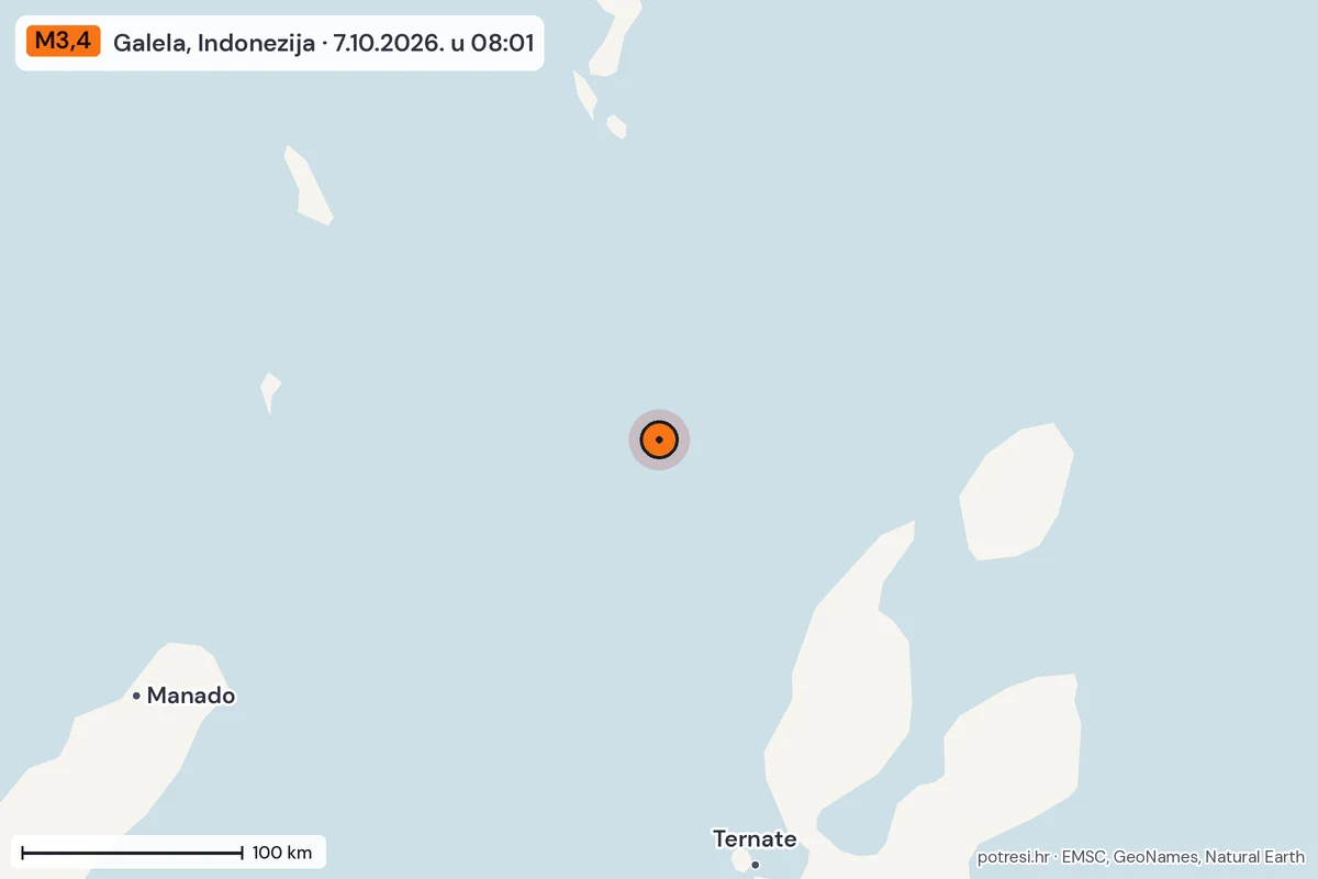 Karta: šire područje, 600 km, potres M3,4, Galela, Indonezija, 7.10.2026.