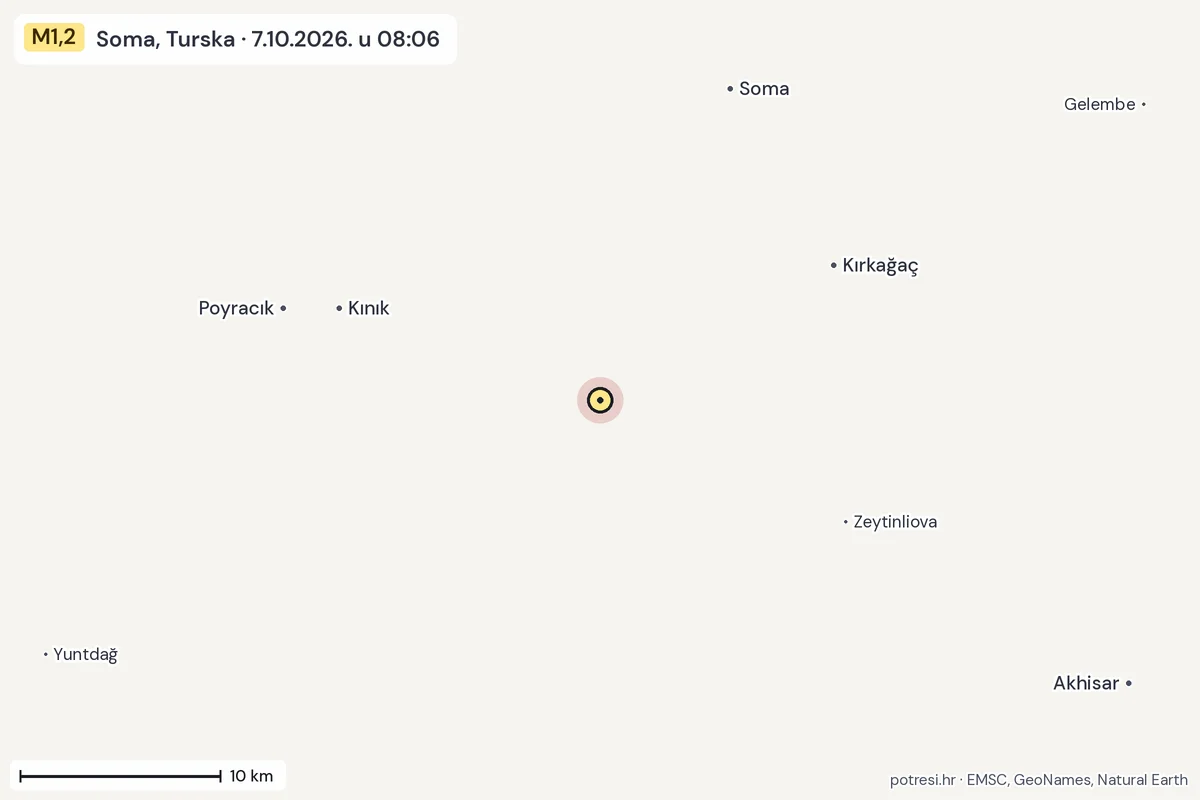 Karta: okolica epicentra, 60 km, potres M1,2, Soma, Turska, 7.10.2026.
