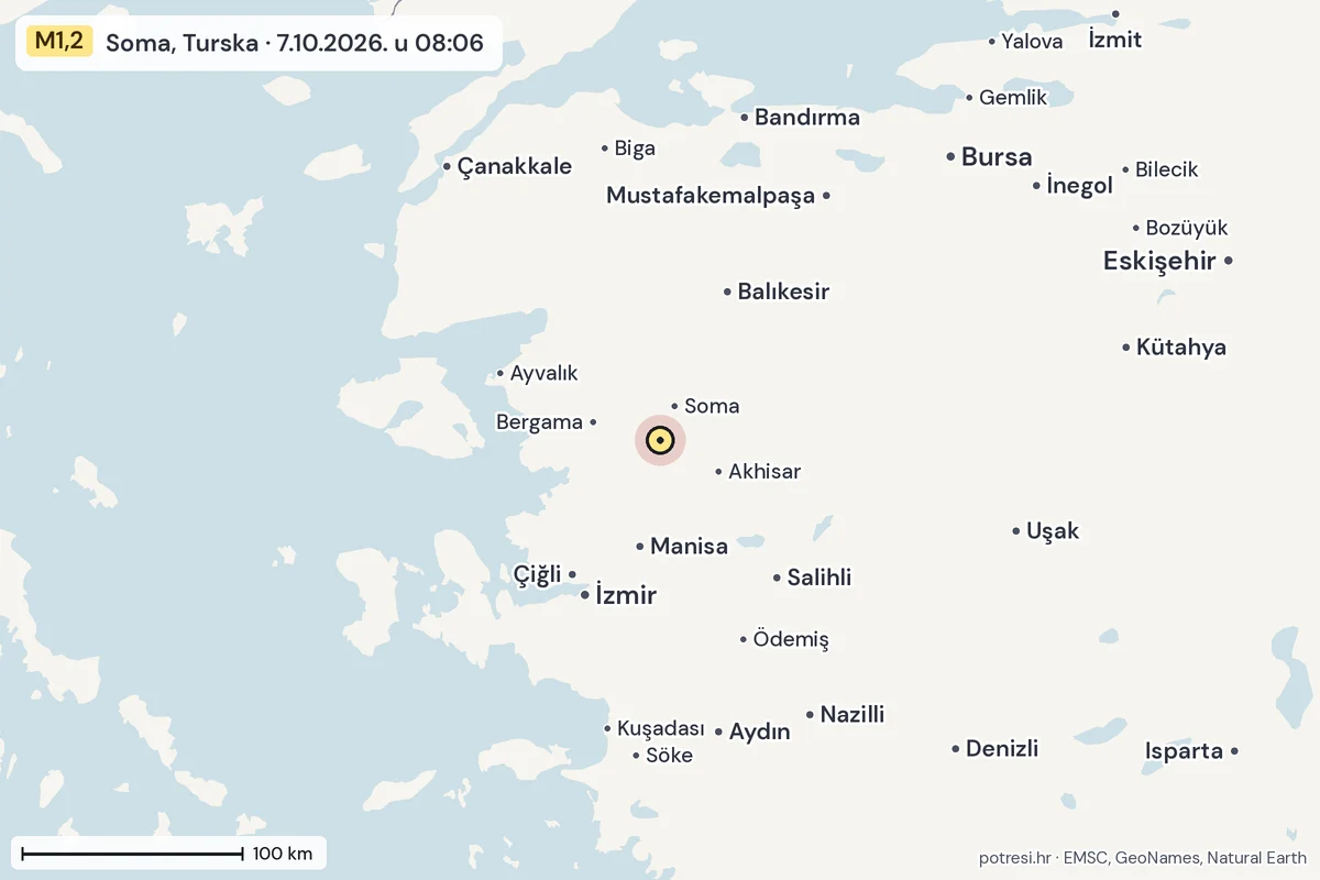 Karta: šire područje, 600 km, potres M1,2, Soma, Turska, 7.10.2026.