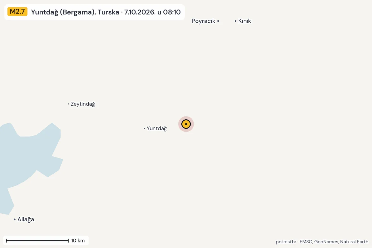 Karta: okolica epicentra, 60 km, potres M2,7, Yuntdağ (Bergama), Turska, 7.10.2026.