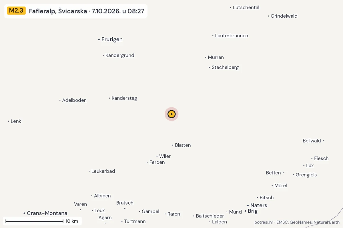Karta: okolica epicentra, 60 km, potres M2,3, Fafleralp, Švicarska, 7.10.2026.
