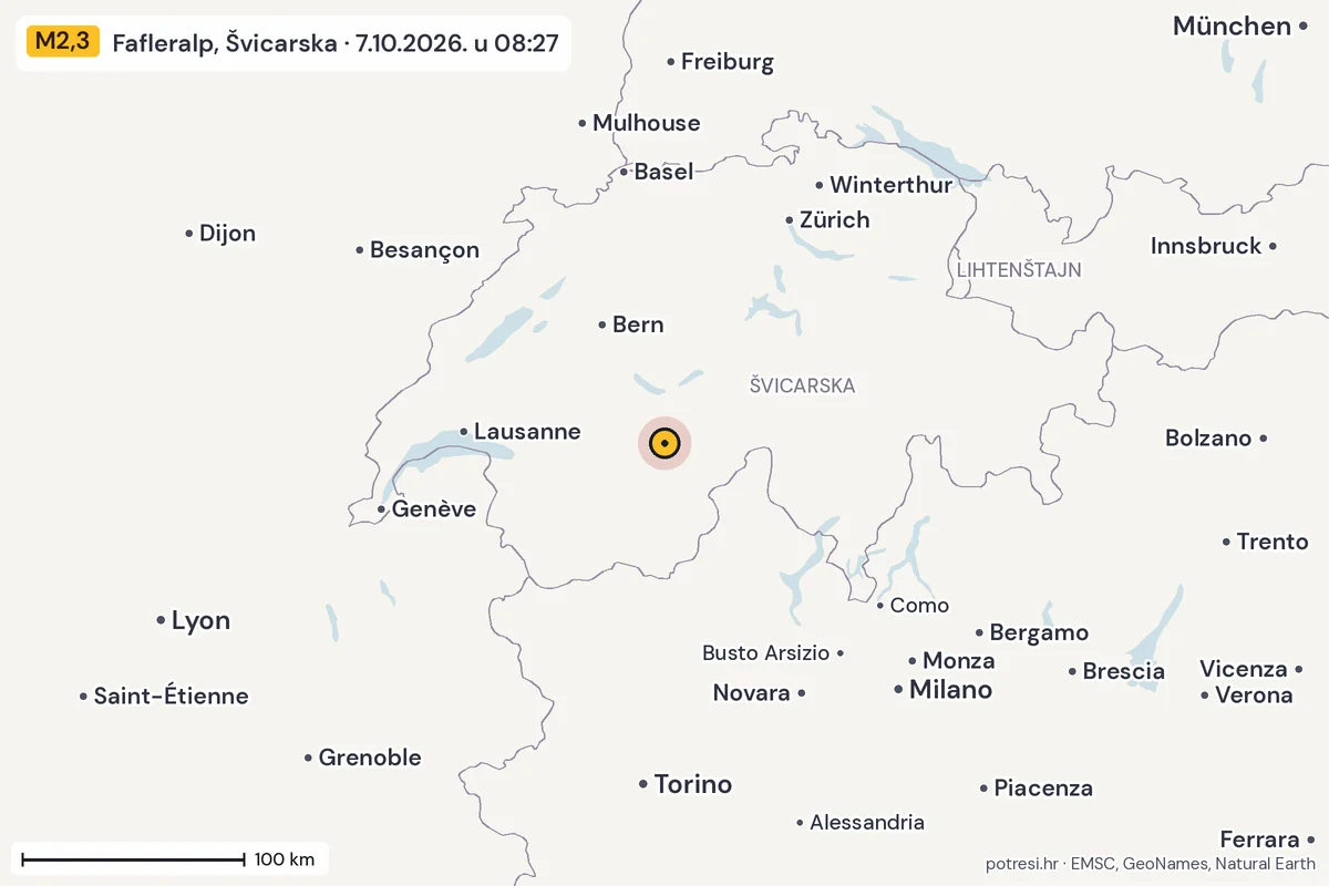 Karta: šire područje, 600 km, potres M2,3, Fafleralp, Švicarska, 7.10.2026.