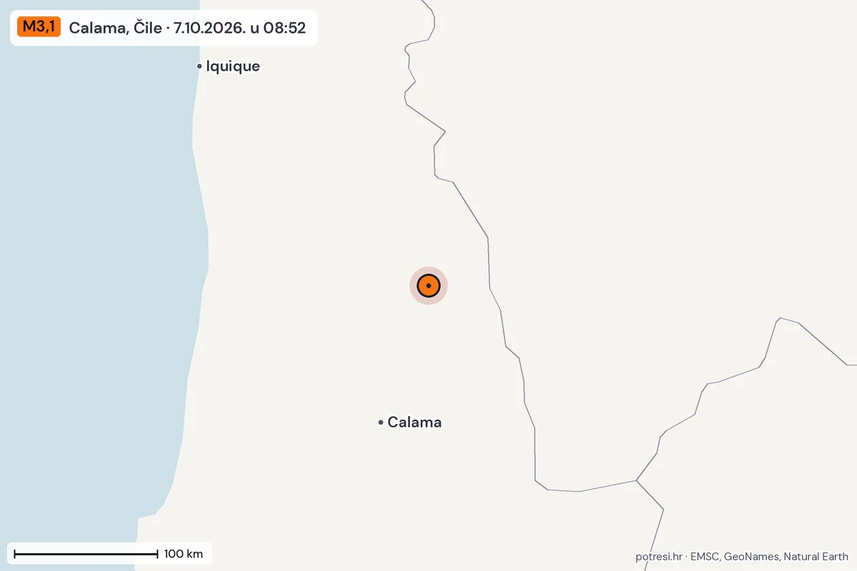 Karta: šire područje, 600 km, potres M3,1, Calama, Čile, 7.10.2026.