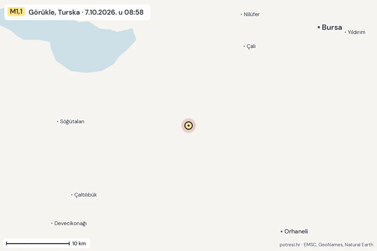 Karta: okolica epicentra, 60 km, potres M1,1, Görükle, Turska, 7.10.2026.