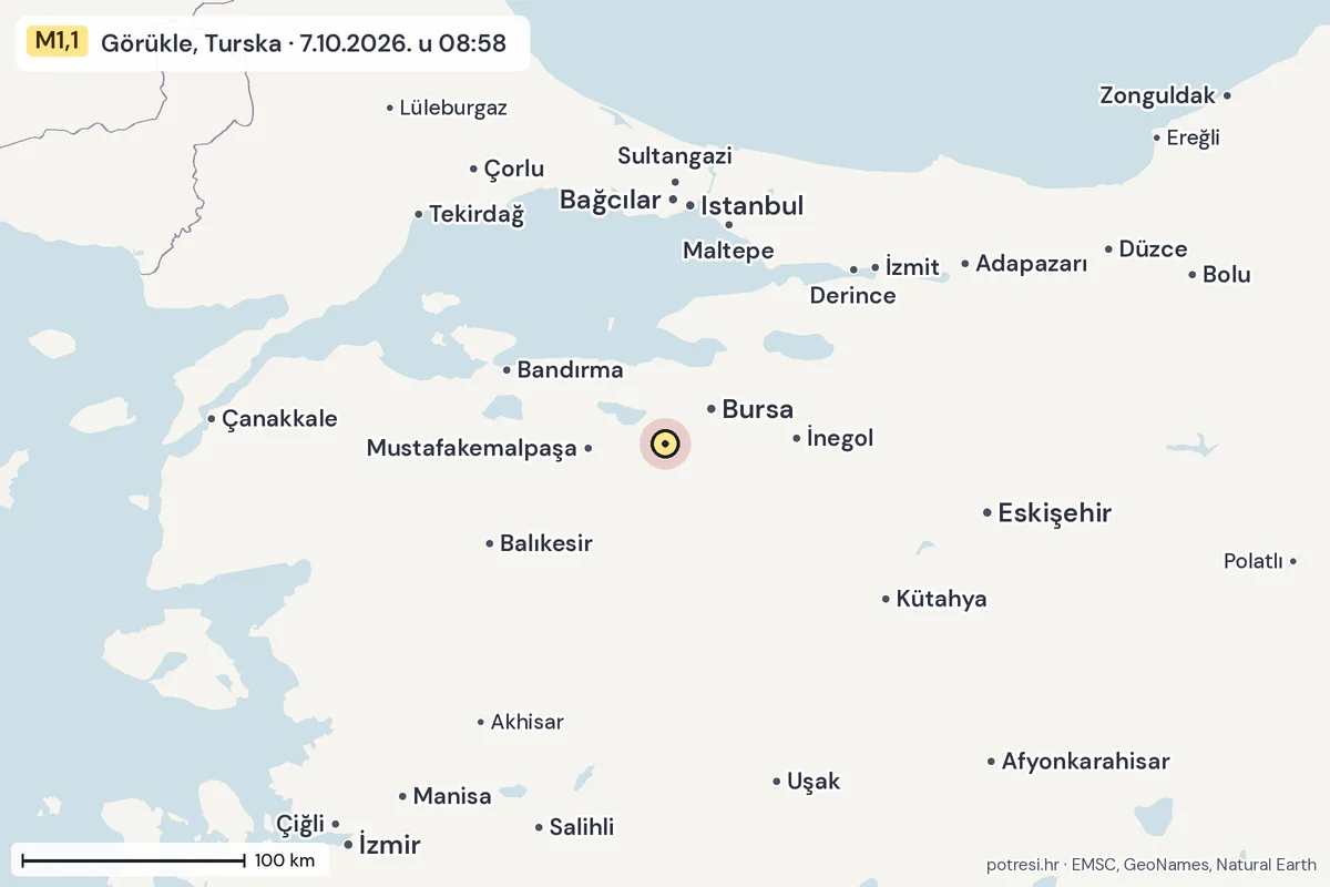 Karta: šire područje, 600 km, potres M1,1, Görükle, Turska, 7.10.2026.