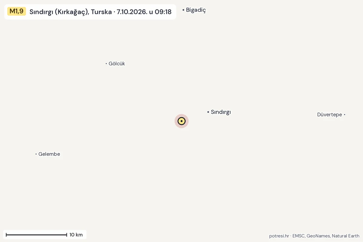 Karta: okolica epicentra, 60 km, potres M1,9, Sındırgı (Kırkağaç), Turska, 7.10.2026.