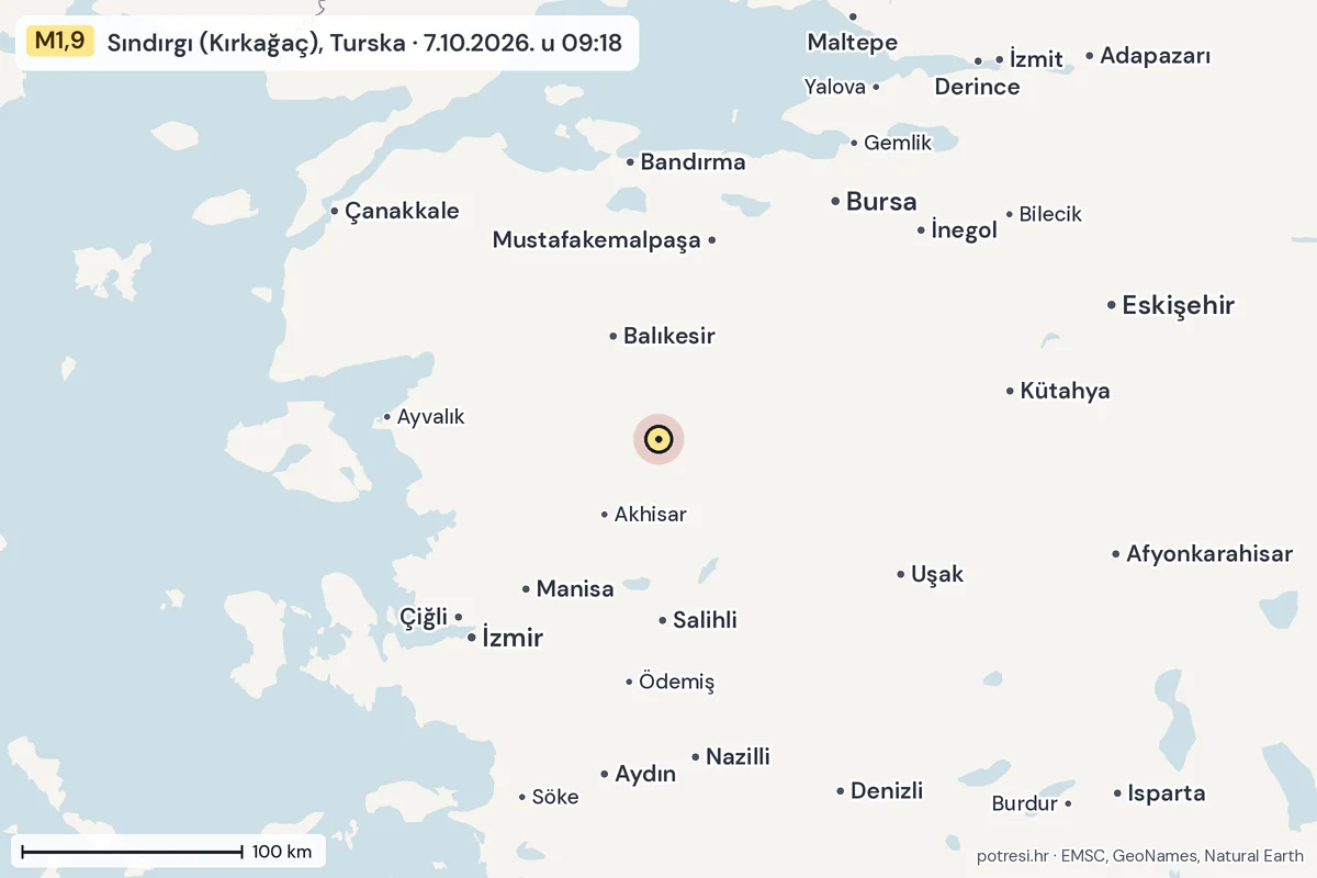 Karta: šire područje, 600 km, potres M1,9, Sındırgı (Kırkağaç), Turska, 7.10.2026.