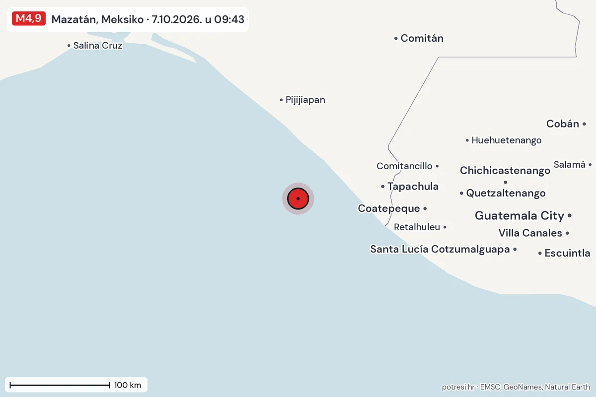 Karta: šire područje, 600 km, potres M4,9, Mazatán, Meksiko, 7.10.2026.