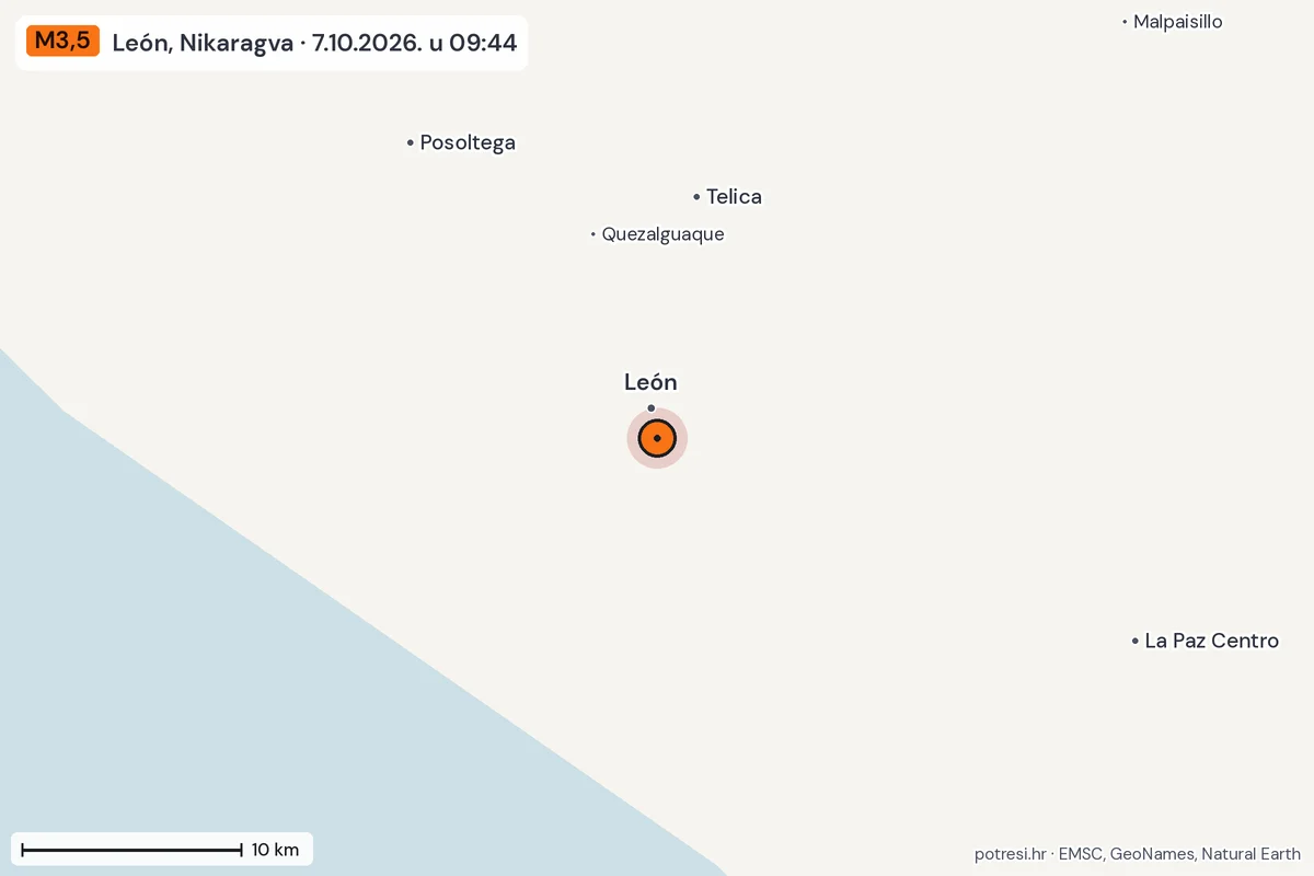 Karta: okolica epicentra, 60 km, potres M3,5, León, Nikaragva, 7.10.2026.