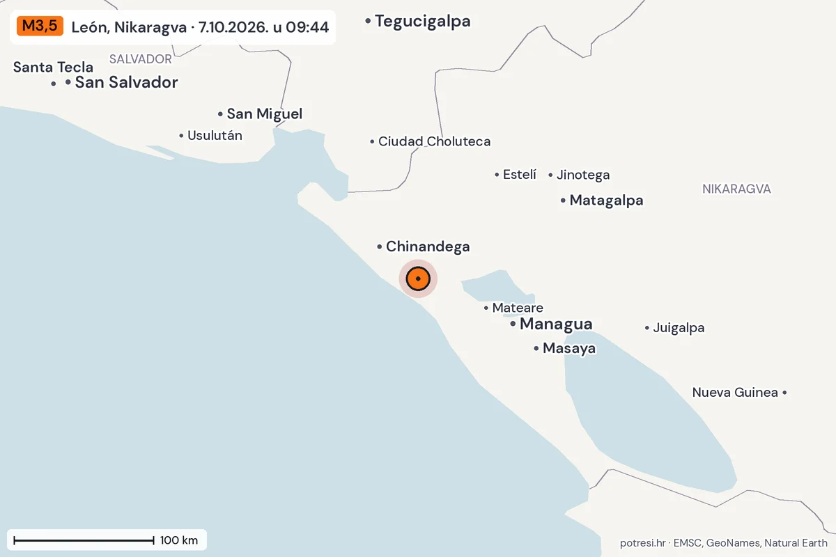 Karta: šire područje, 600 km, potres M3,5, León, Nikaragva, 7.10.2026.