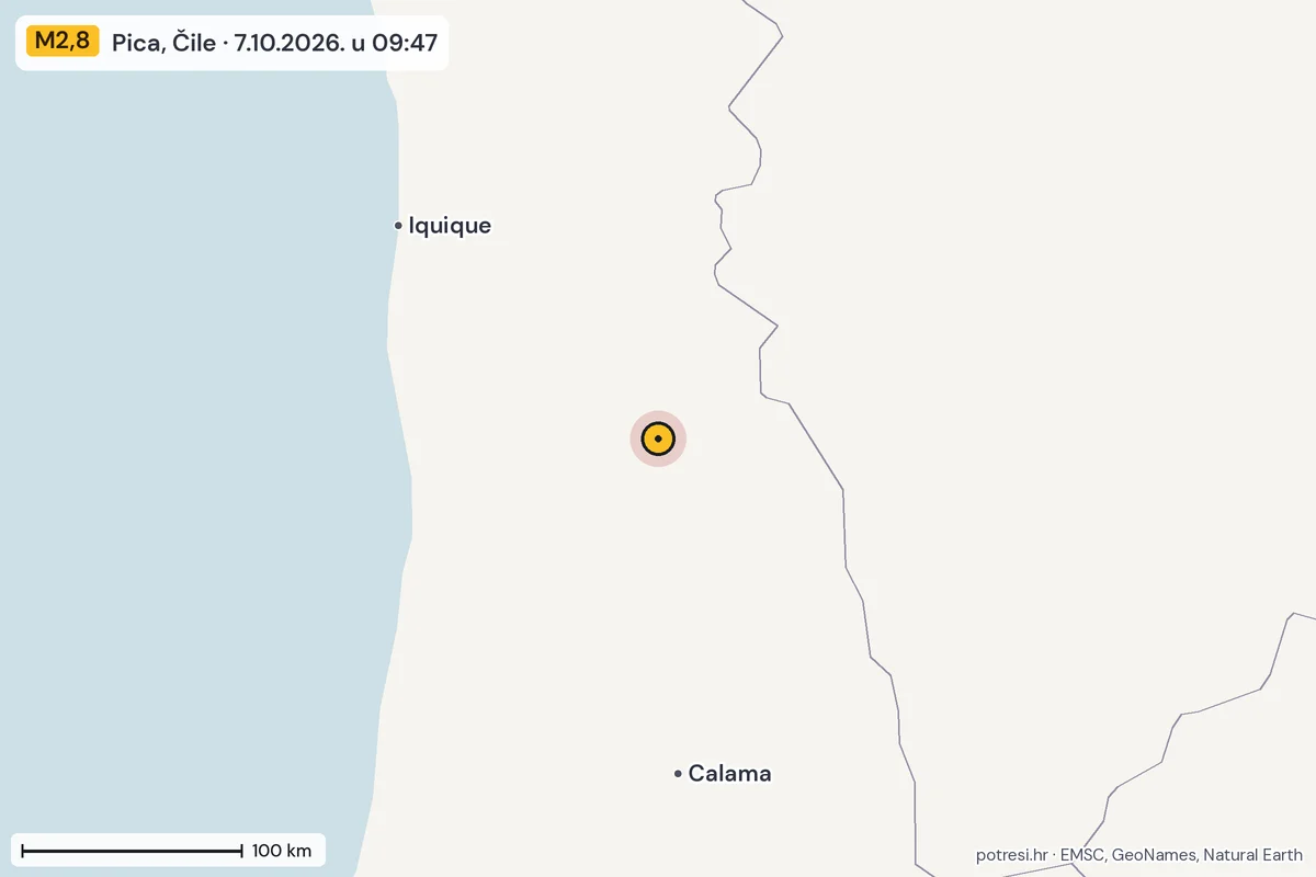 Karta: šire područje, 600 km, potres M2,8, Pica, Čile, 7.10.2026.