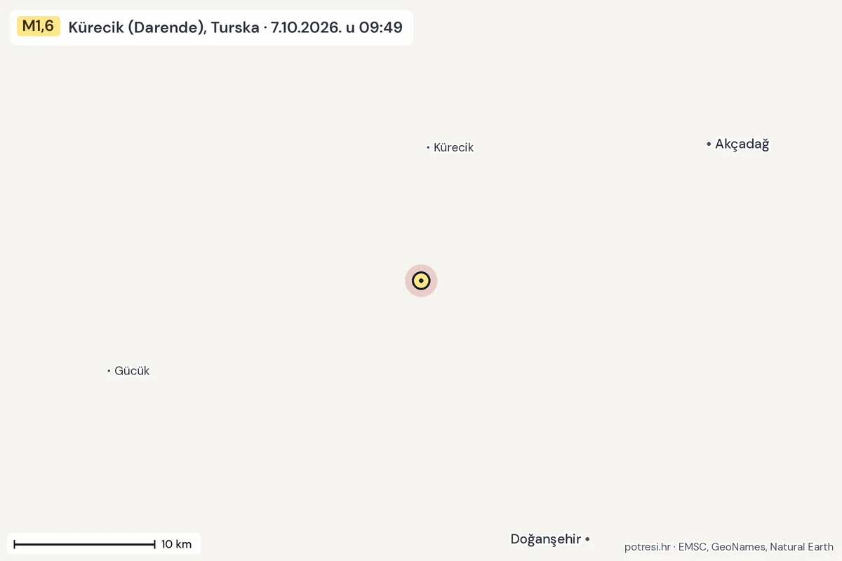 Karta: okolica epicentra, 60 km, potres M1,6, Kürecik (Darende), Turska, 7.10.2026.