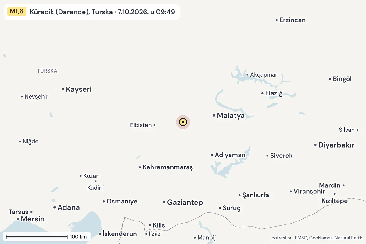 Karta: šire područje, 600 km, potres M1,6, Kürecik (Darende), Turska, 7.10.2026.