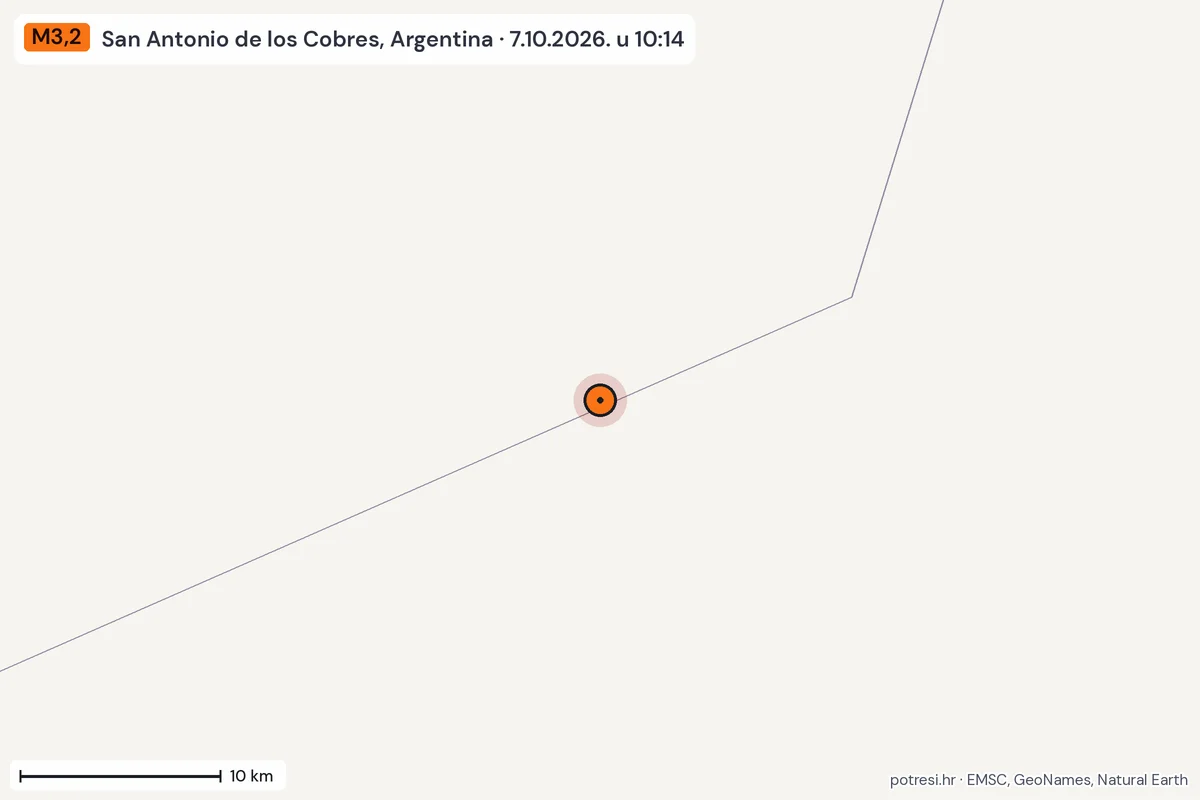 Karta: okolica epicentra, 60 km, potres M3,2, San Antonio de los Cobres, Argentina, 7.10.2026.