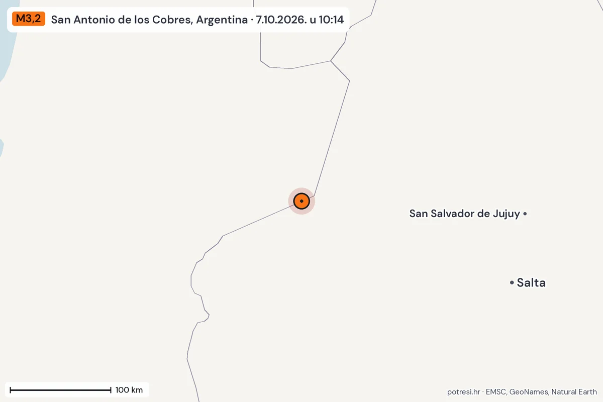 Karta: šire područje, 600 km, potres M3,2, San Antonio de los Cobres, Argentina, 7.10.2026.