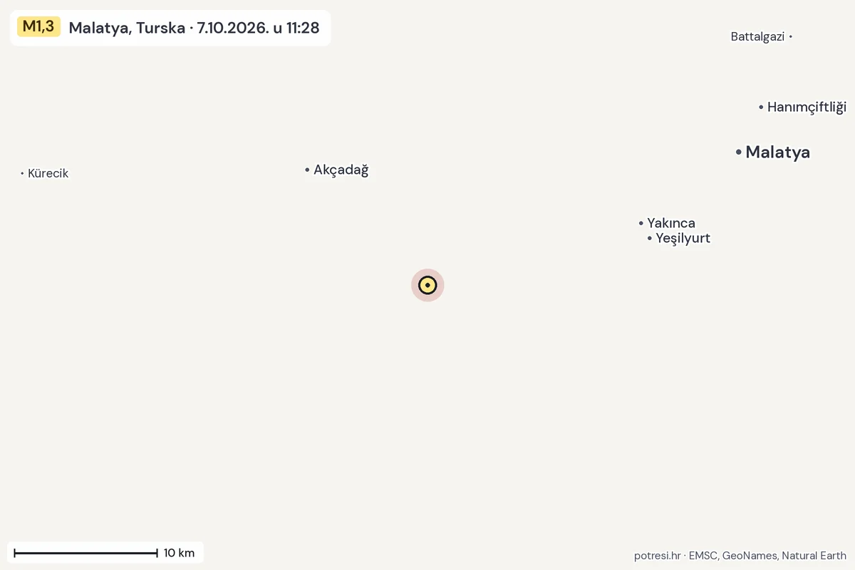 Karta: okolica epicentra, 60 km, potres M1,3, Malatya, Turska, 7.10.2026.