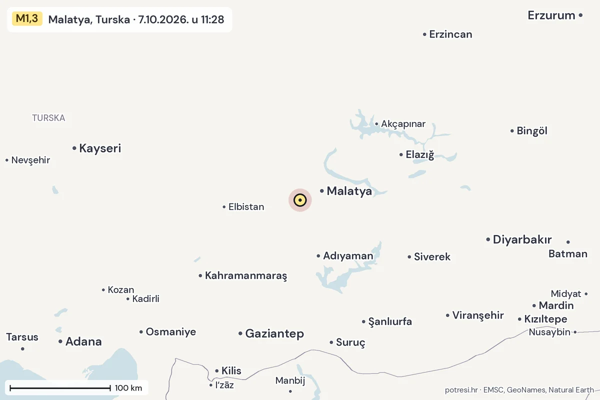 Karta: šire područje, 600 km, potres M1,3, Malatya, Turska, 7.10.2026.