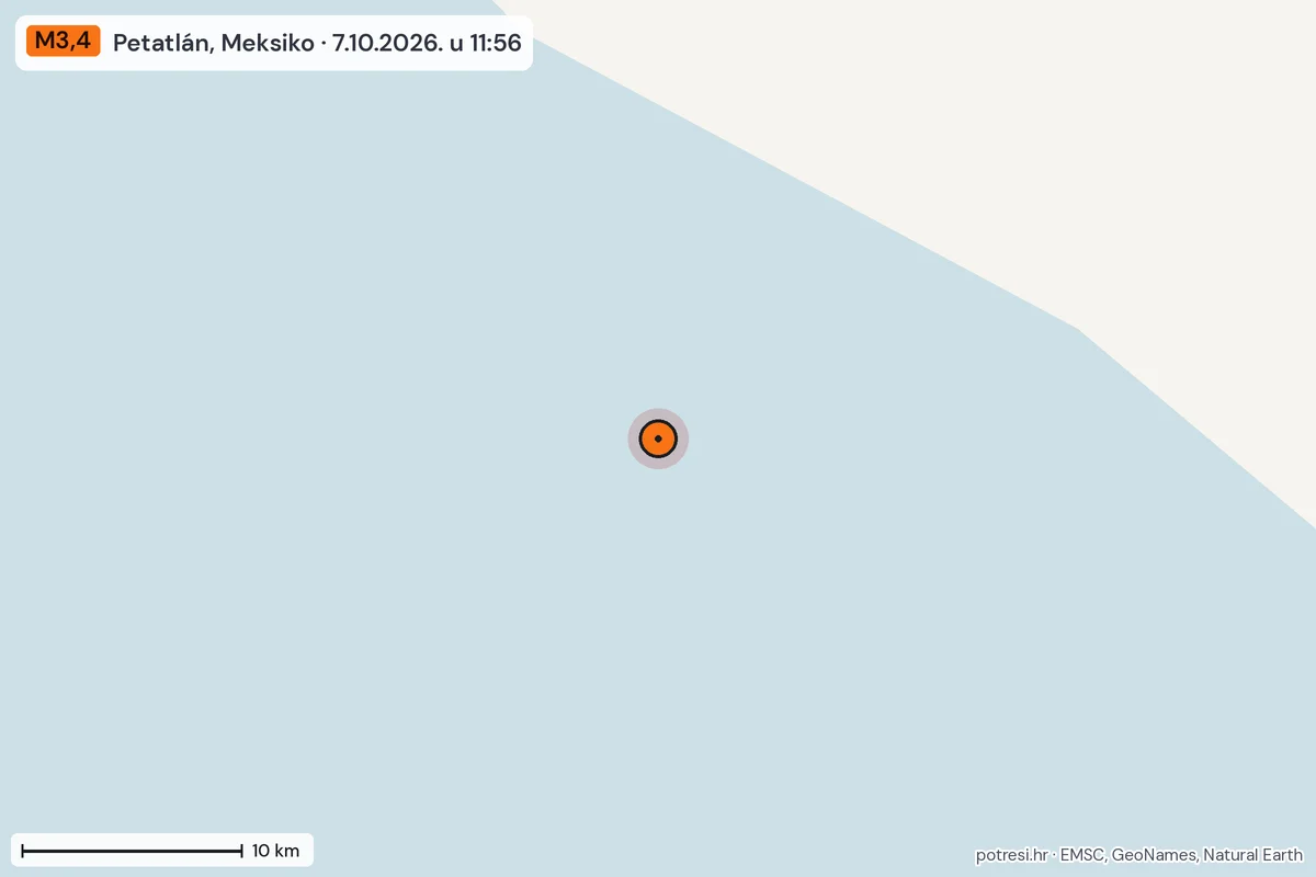 Karta: okolica epicentra, 60 km, potres M3,4, Petatlán, Meksiko, 7.10.2026.