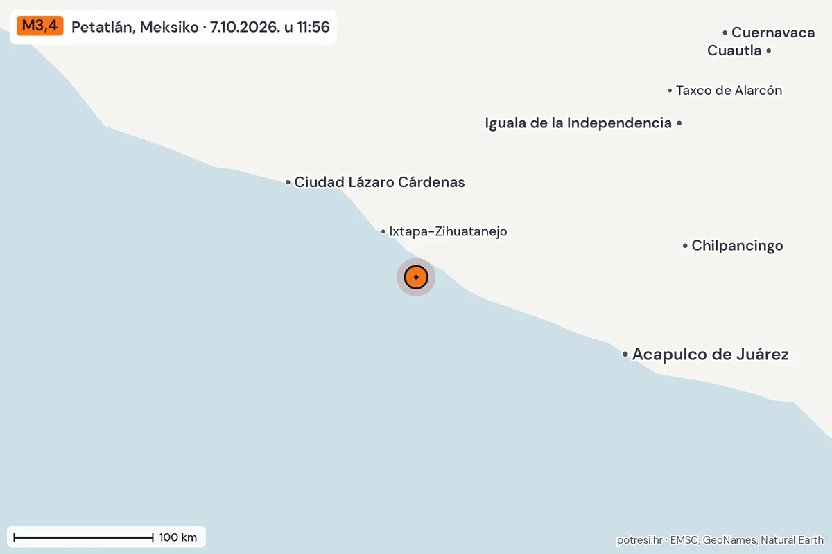 Karta: šire područje, 600 km, potres M3,4, Petatlán, Meksiko, 7.10.2026.