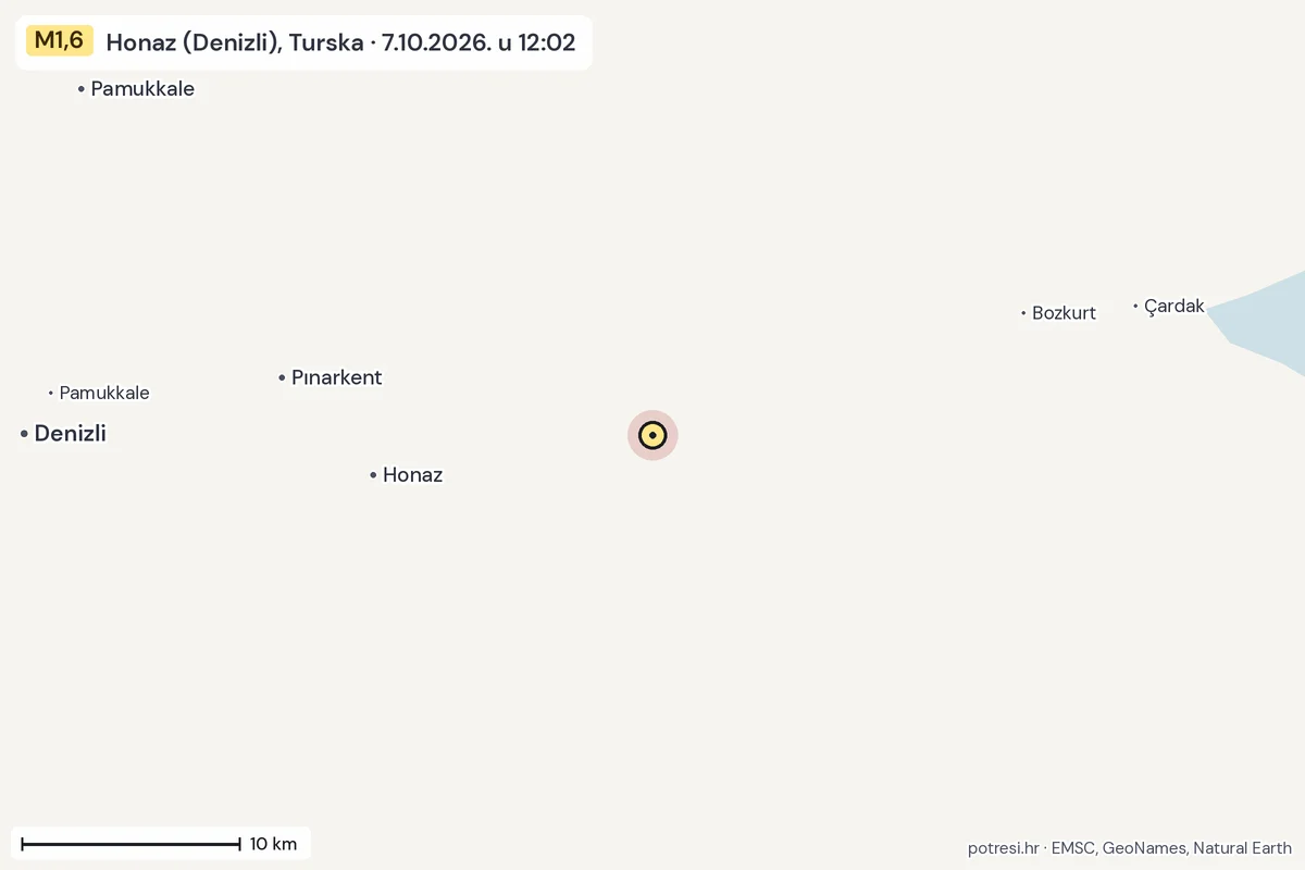 Karta: okolica epicentra, 60 km, potres M1,6, Honaz (Denizli), Turska, 7.10.2026.