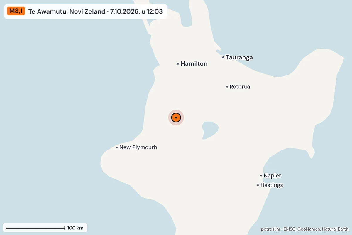 Karta: šire područje, 600 km, potres M3,1, Te Awamutu, Novi Zeland, 7.10.2026.