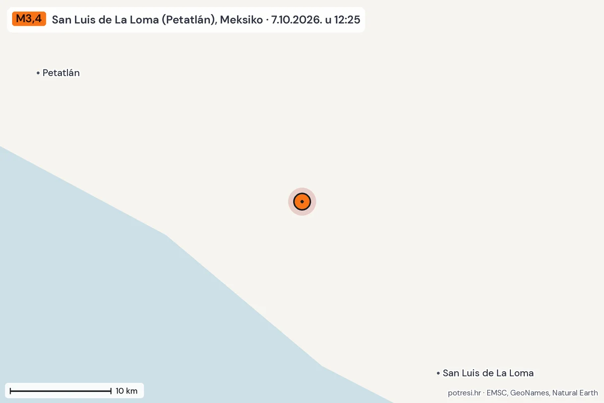 Karta: okolica epicentra, 60 km, potres M3,4, San Luis de La Loma (Petatlán), Meksiko, 7.10.2026.