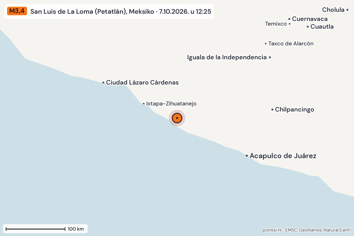 Karta: šire područje, 600 km, potres M3,4, San Luis de La Loma (Petatlán), Meksiko, 7.10.2026.