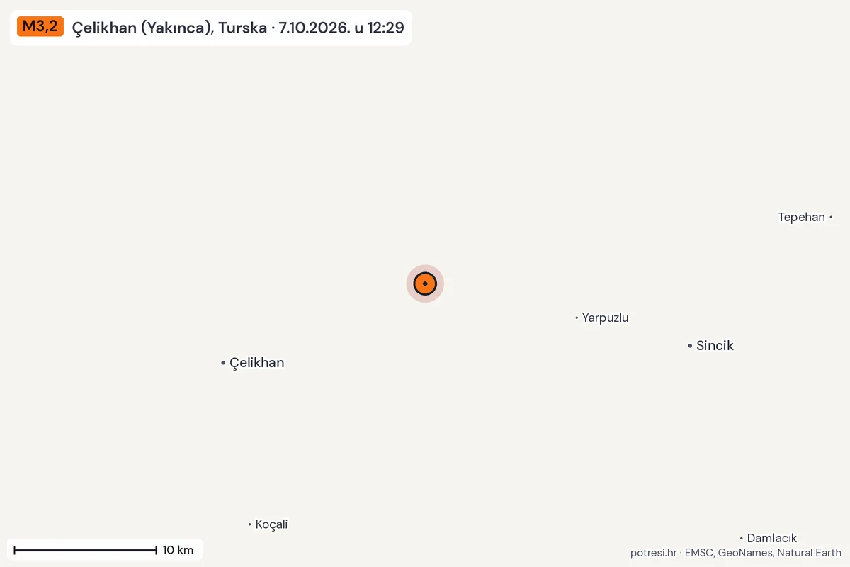 Karta: okolica epicentra, 60 km, potres M3,2, Çelikhan (Yakınca), Turska, 7.10.2026.