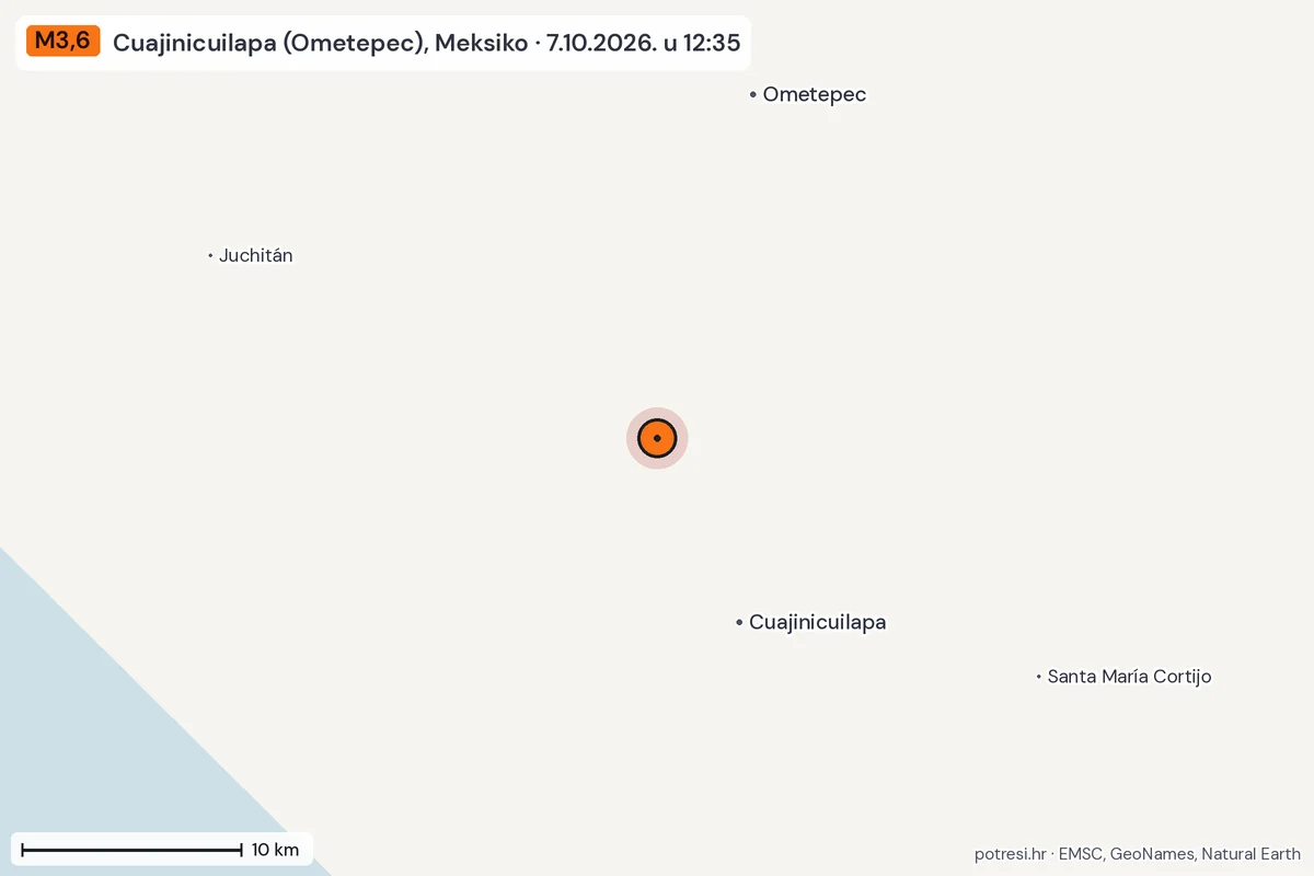 Karta: okolica epicentra, 60 km, potres M3,6, Cuajinicuilapa (Ometepec), Meksiko, 7.10.2026.