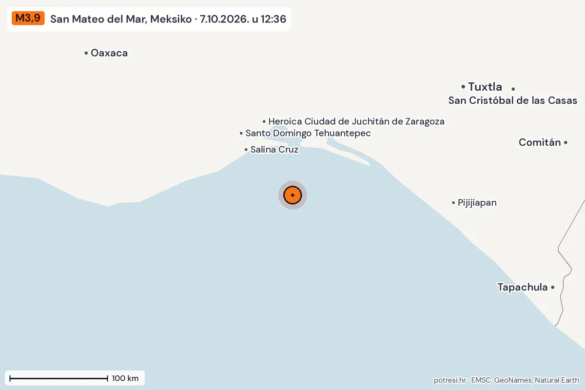 Karta: šire područje, 600 km, potres M3,9, San Mateo del Mar, Meksiko, 7.10.2026.