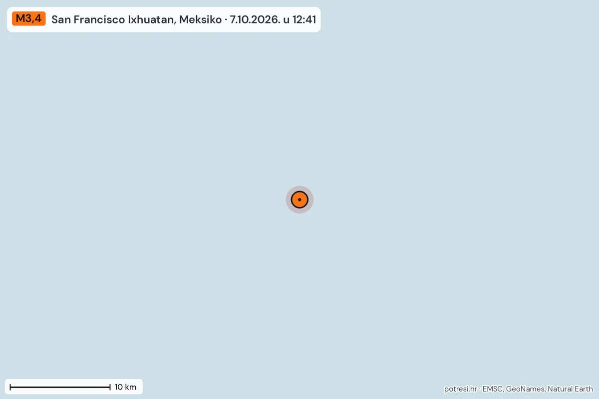 Karta: okolica epicentra, 60 km, potres M3,4, San Francisco Ixhuatan, Meksiko, 7.10.2026.