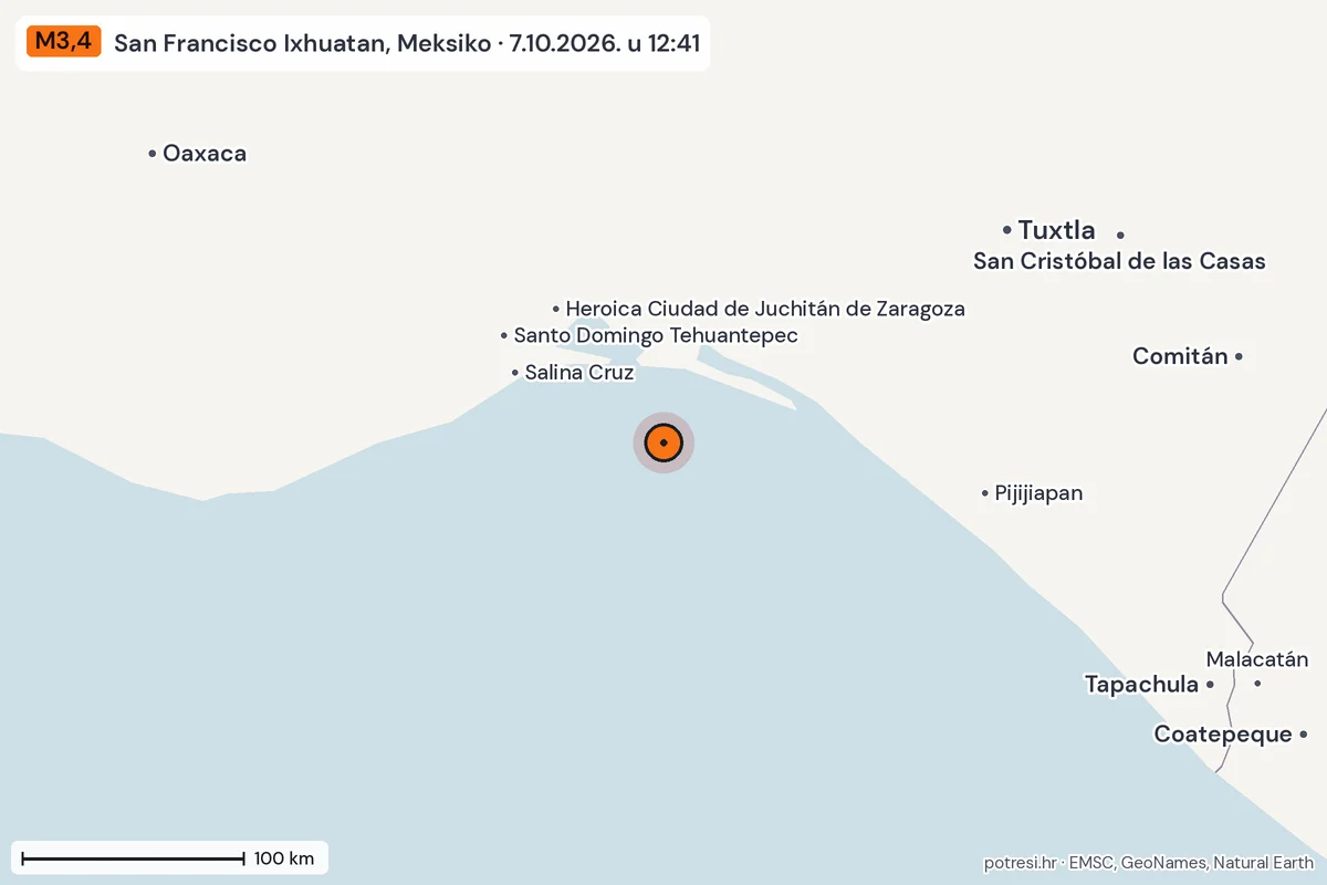 Karta: šire područje, 600 km, potres M3,4, San Francisco Ixhuatan, Meksiko, 7.10.2026.