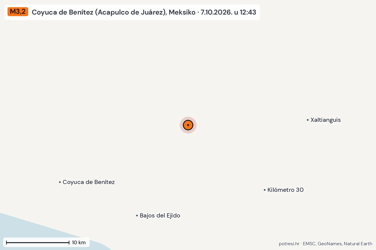 Karta: okolica epicentra, 60 km, potres M3,2, Coyuca de Benítez (Acapulco de Juárez), Meksiko, 7.10.2026.