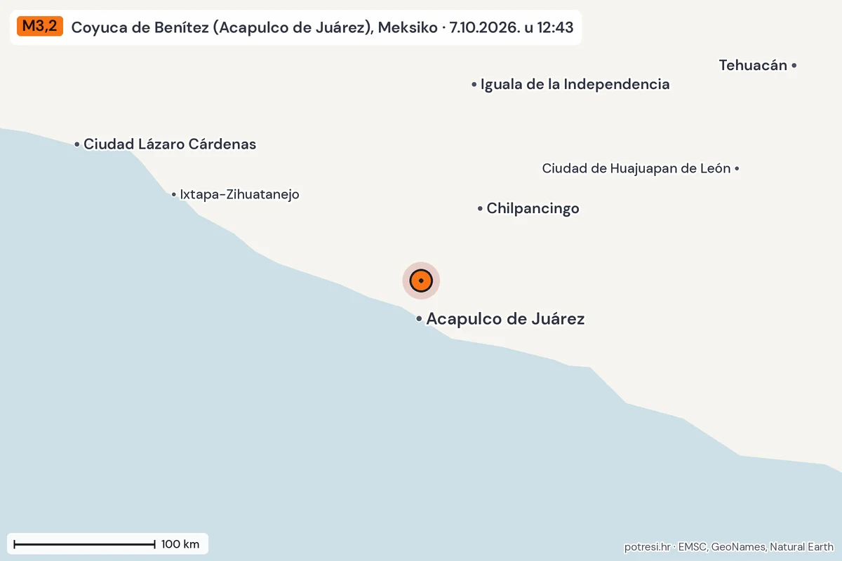 Karta: šire područje, 600 km, potres M3,2, Coyuca de Benítez (Acapulco de Juárez), Meksiko, 7.10.2026.