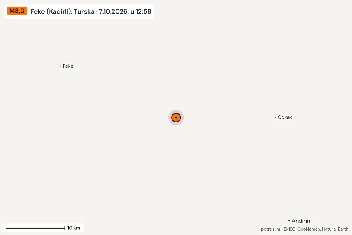 Karta: okolica epicentra, 60 km, potres M3,0, Feke (Kadirli), Turska, 7.10.2026.