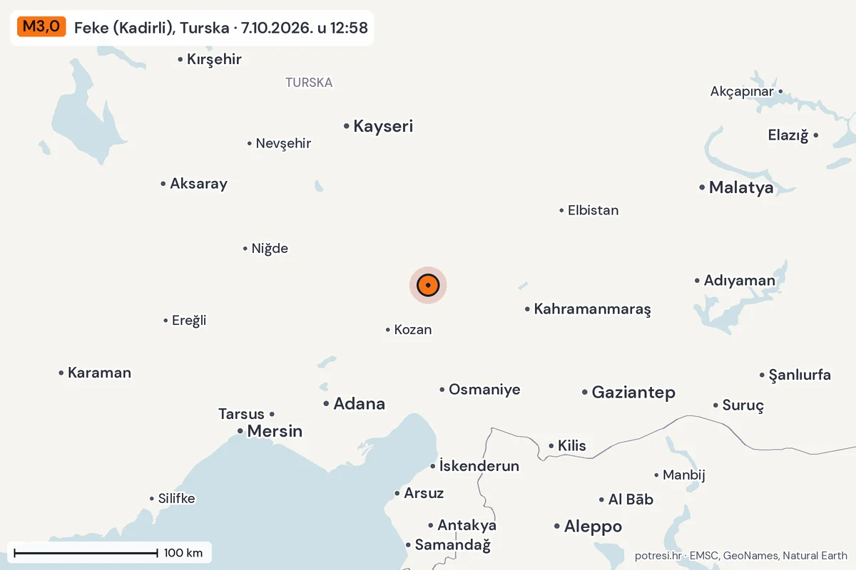 Karta: šire područje, 600 km, potres M3,0, Feke (Kadirli), Turska, 7.10.2026.