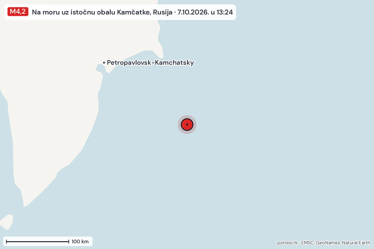 Karta: šire područje, 600 km, potres M4,2, Na moru uz istočnu obalu Kamčatke, Rusija, 7.10.2026.