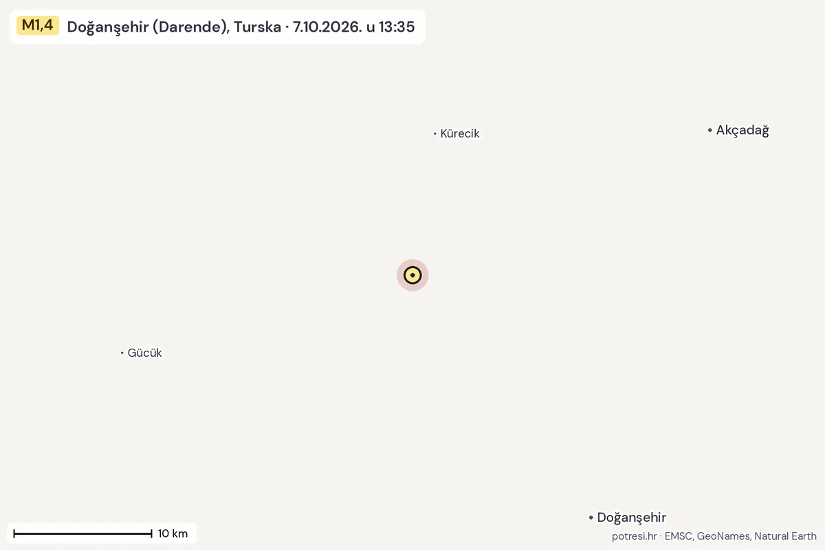 Karta: okolica epicentra, 60 km, potres M1,4, Doğanşehir (Darende), Turska, 7.10.2026.