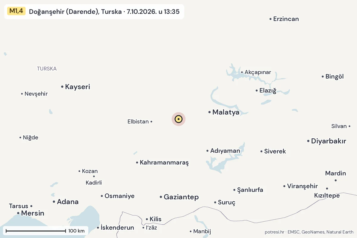 Karta: šire područje, 600 km, potres M1,4, Doğanşehir (Darende), Turska, 7.10.2026.