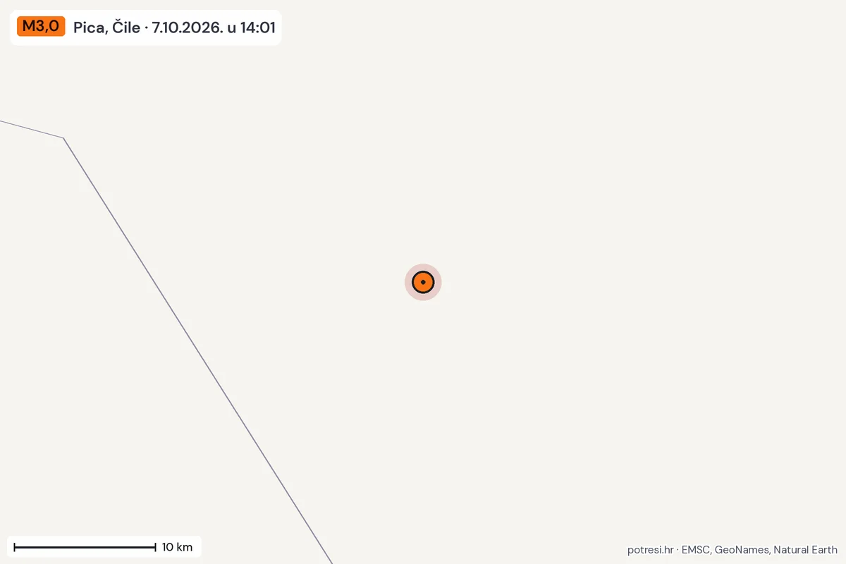 Karta: okolica epicentra, 60 km, potres M3,0, Pica, Čile, 7.10.2026.