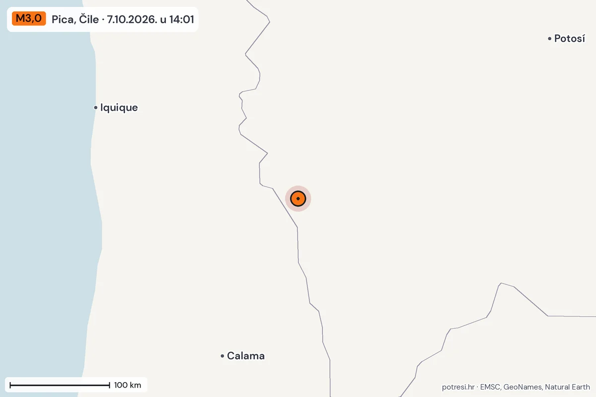 Karta: šire područje, 600 km, potres M3,0, Pica, Čile, 7.10.2026.